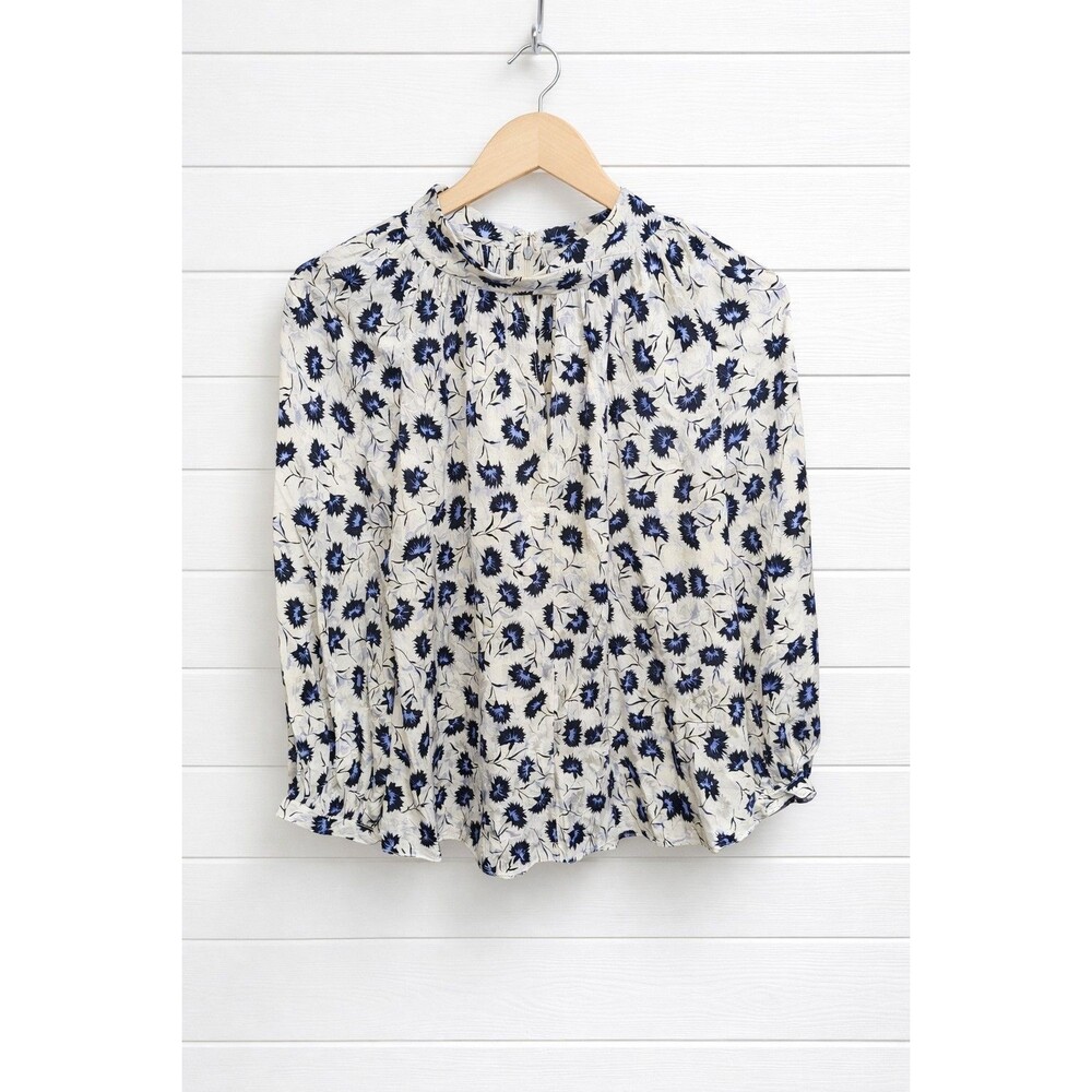 Rebecca Taylor White and Blue Floral Silk Keyhole 3/4 Sleeve Blouse 12